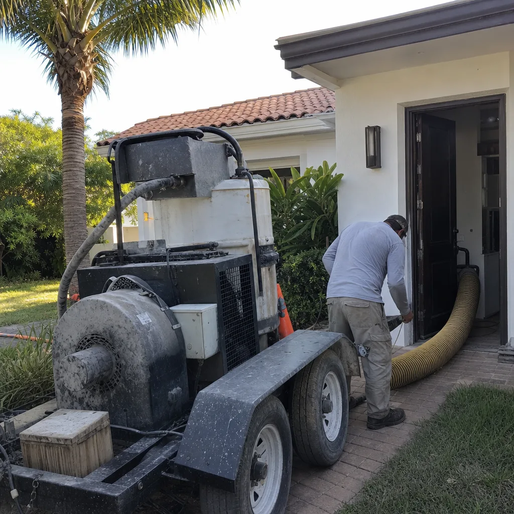 Professional technician using truck-mounted vacuum for residential air duct cleaning service