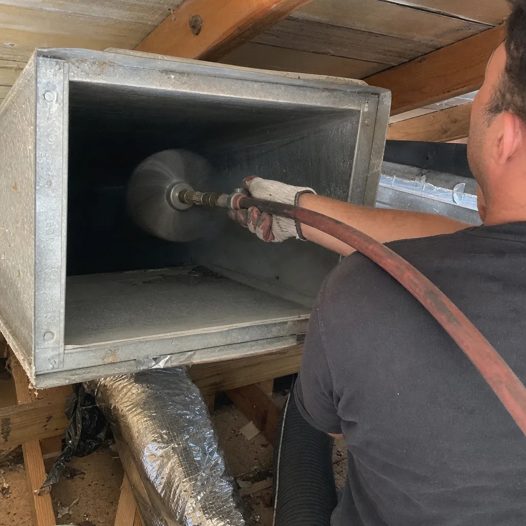 Technician performing professional residential air duct cleaning with a rotating brush