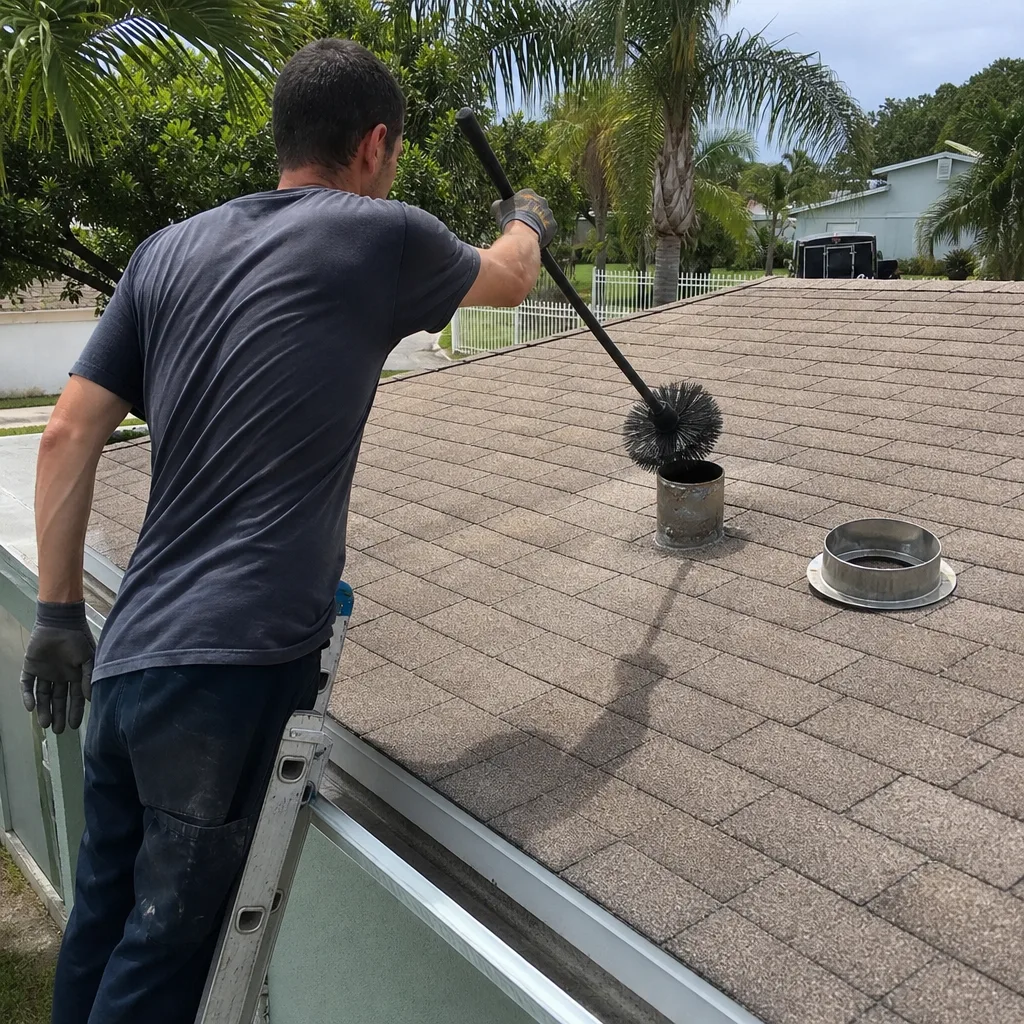 Technician using professional brush tool for residential dryer vent cleaning