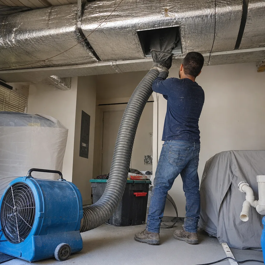 Technician performing professional air duct sealing on home ventilation system