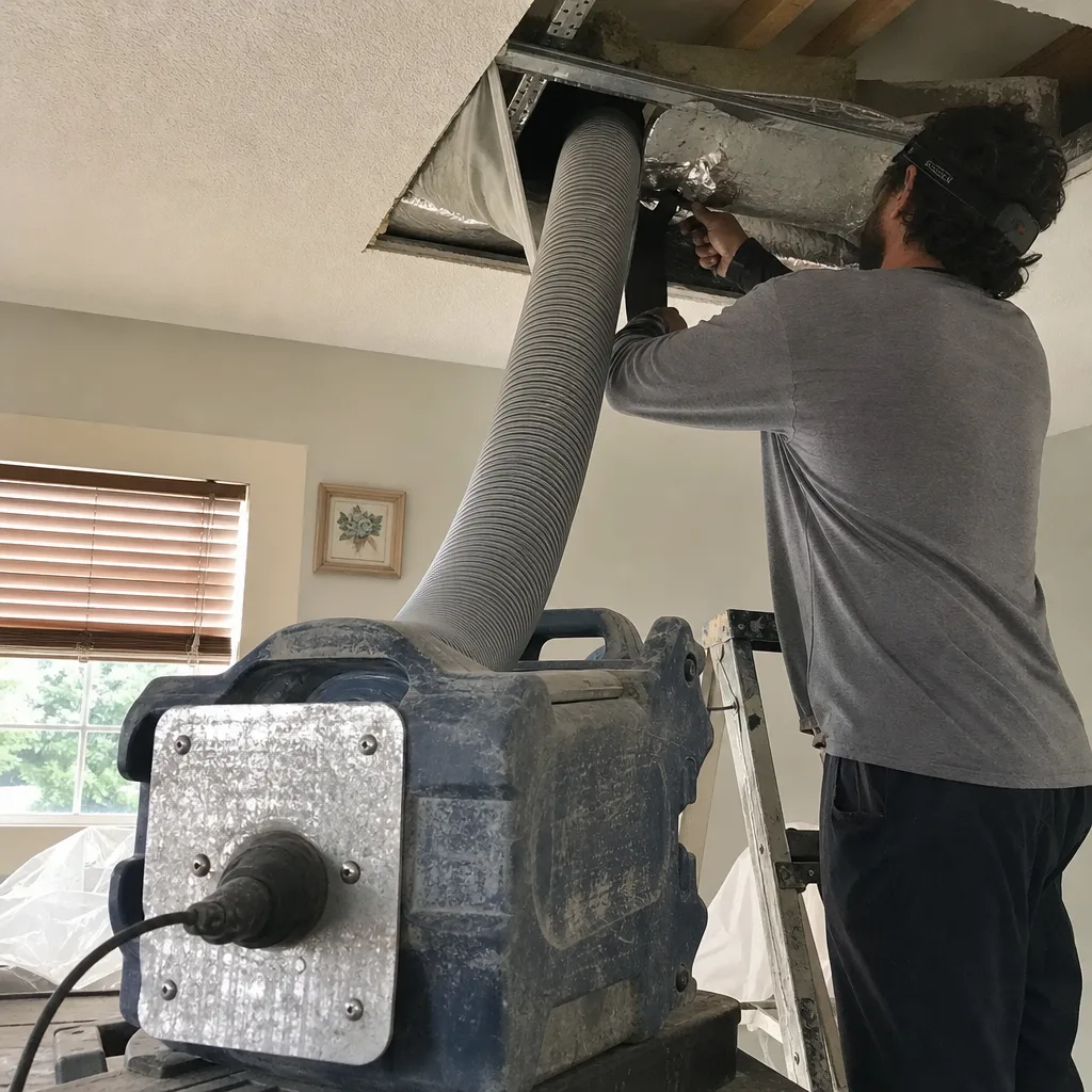 Professional technician performing air duct sealing and HVAC maintenance