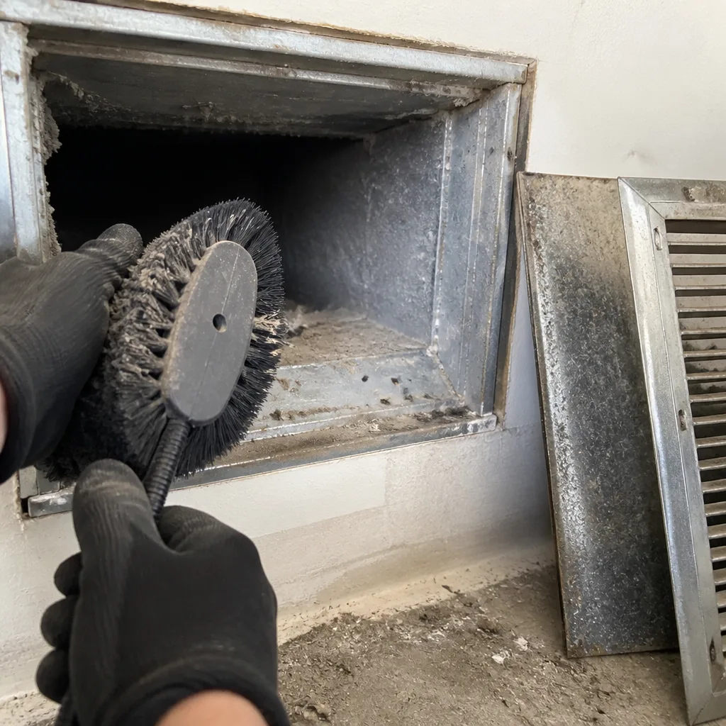 Technician using a rotary brush to clean and seal residential air ducts